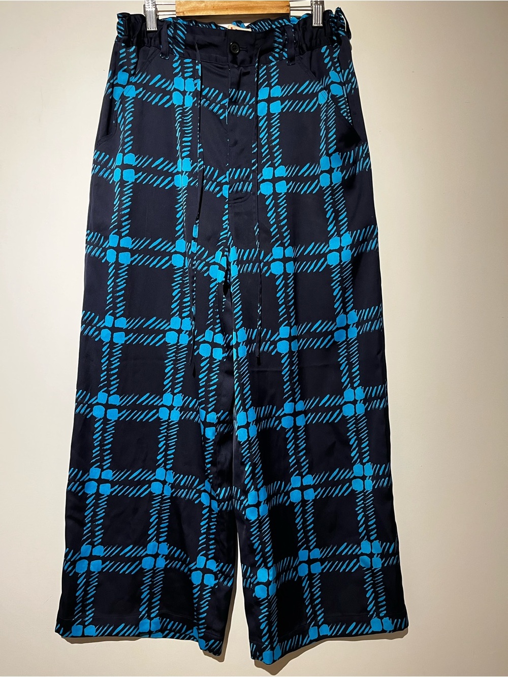 Marni x Uniqlo Wide Leg Plaid Pants with Bright Blue Grid